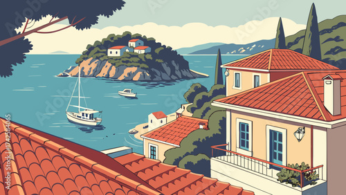Picturesque coastal scene in montenegro with redroofed houses, a sailboat on the tranquil sea, and a lush island in the background, capturing a mediterranean charm