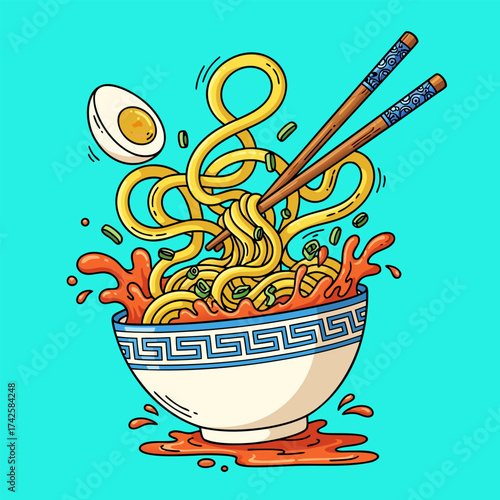 Illustration of a vibrant bowl of delicious noodles with chopsticks, showcasing a delightful and appetizing noodle dish with a splash of sauce, perfect for food and culinary themes