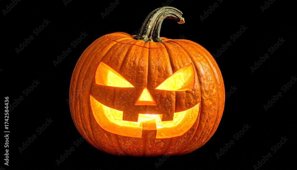 Obraz premium Classic jack-o'-lantern glowing warmly amid autumn leaves and rustic Halloween decor.