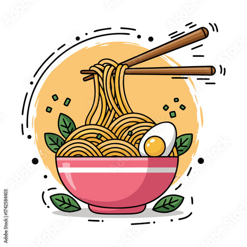 Delicious Noodle Bowl Illustration - A Vibrant and Whimsical Asian Food Art Featuring Ramen Noodles and Egg