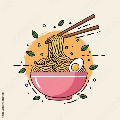 Delicious Bowl of Ramen Noodles with Chopsticks and Egg, Garnished with Green Onions and Leaves, Perfect for Food Lovers and Asian Cuisine Enthusiasts