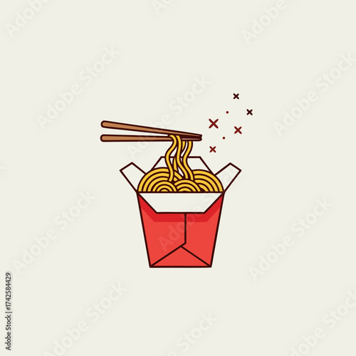 Chopsticks skillfully lifting delicious, steaming hot noodles from a classic red takeout box with a celebratory sparkle on a neutral background, food illustration
