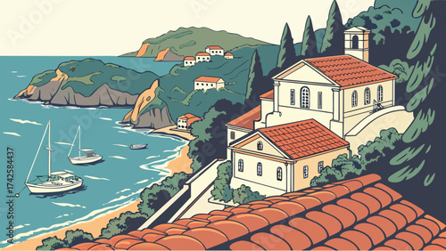 Picturesque coastal village with traditional architecture, boats sailing on the turquoise sea, and lush greenery, creating a serene mediterranean scene