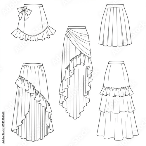 Technical flat sketches of five women's skirts: ruffled, pleated, tiered, and high-low designs. Ideal for fashion design, pattern making, and apparel 