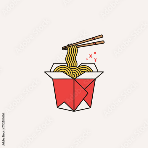 Stylized Illustration of a Takeout Box Filled With Delicious Noodles Being Eaten With Chopsticks, Perfect for Food-Related Designs