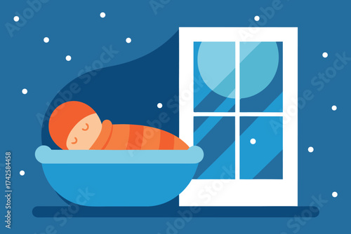 Realistic Vector of Baby in Moses Basket by Frosted Window with Snowfall and Warm Interior