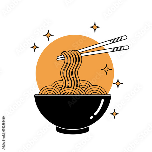 Delicious Asian Noodle Dish in a Black Bowl with Chopsticks and Sparkling Stars, Perfect for Food Blogs and Asian Cuisine