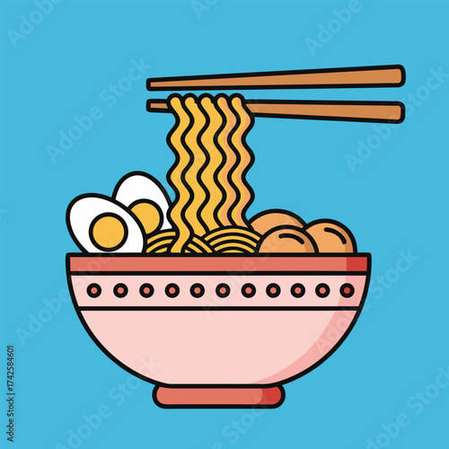 Delicious Ramen Noodle Bowl Illustration with Chopsticks Holding Noodles, Boiled Eggs, and Broth
