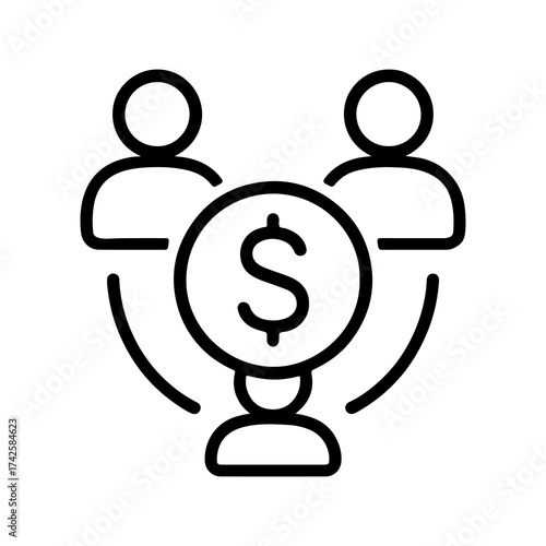 Stylized line art icon of two people connected to a dollar coin symbolizing financial collaboration and partnership
