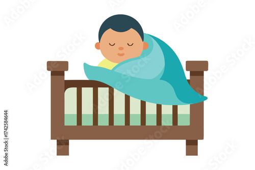 Realistic Vector of Swaddled Baby Sleeping in Rustic Wooden Crib with Nursery Background