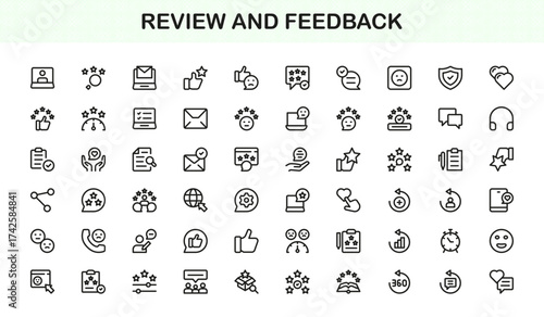Review and Feedback Icon Set in Vector Style Featuring Comments, Ratings, Reviews, and Communication Symbols
