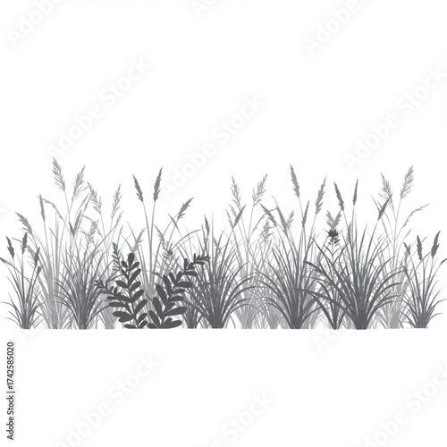 Monochromatic vector silhouette of diverse wild grasses and meadow plants forming a natural border, ideal for eco-friendly website banners, print ads,