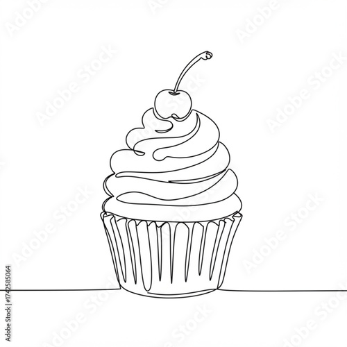 One line art drawing of a delicious cupcake with cherry and frosting, perfect for bakery logos, menu designs, food blogs, and sweet treat advertising 
