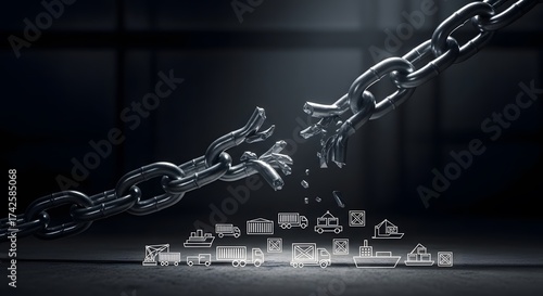 Broken Chain with Shipping Icons: Supply Chain Disruption Concept