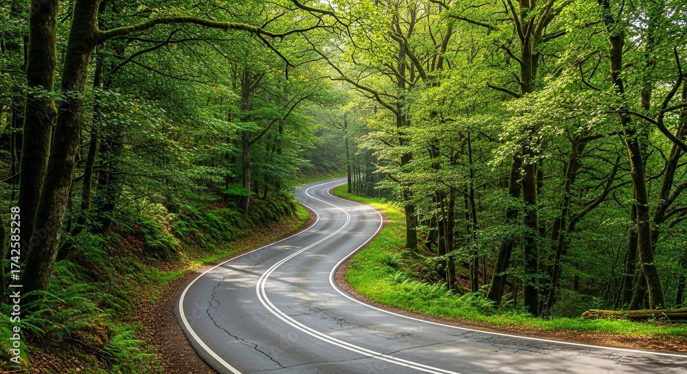 Fototapeta premium Winding Forest Road Through Lush Green Trees On A Sunny Day