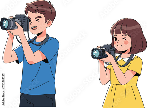 Happy boy and girl taking photos with cameras, photography hobby, smiling kids capturing moments, outdoor activity, cartoon illustration for education