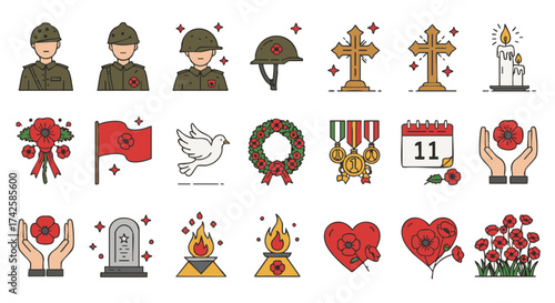 Vector icons set Remembrance Day 11.11 poppy flower memorial