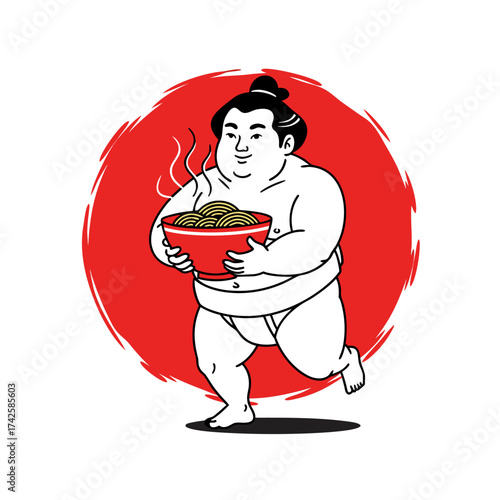 Sumo wrestler holding a steaming bowl of delicious noodles, representing Japanese culture and cuisine with a vibrant red circle background