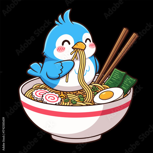 Charming blue bird enjoying a delicious bowl of ramen noodles, a delightful and whimsical illustration of a character savoring a popular Japanese dish