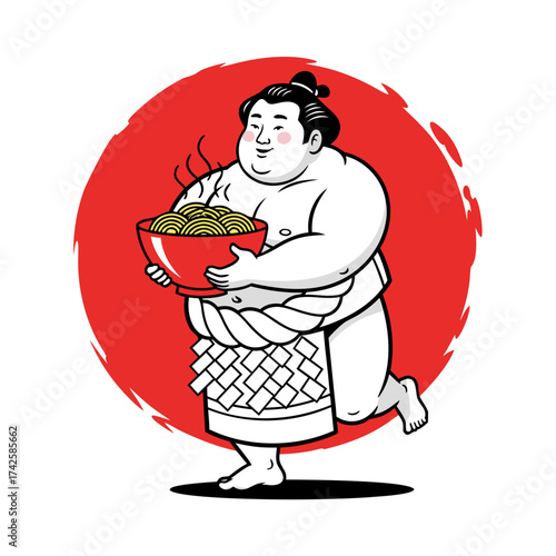 Sumo Wrestler Holding a Bowl of Steaming Hot Noodles and Eating Traditional Japanese Ramen in a Vibrant Red Circle Illustration