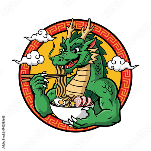 Illustrative Mascot of a Muscular Green Dragon Enjoying a Bowl of Delicious Ramen Noodles with Chopsticks, Embracing Asian Culinary Culture