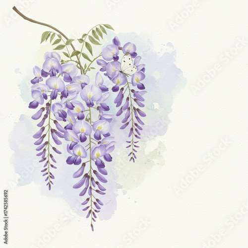 Elegant watercolor wisteria blossoms with a gentle butterfly, perfect for spring-themed designs, wedding invitations, greeting cards, website backgrou