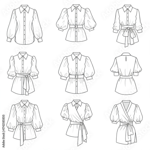 Technical flat drawings of nine varied women's blouses, including puff sleeves, belted, and tied styles; useful for fashion design, pattern making, an