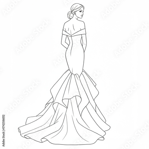 Elegant off-shoulder mermaid gown line art illustration for fashion design inspiration, bridal event invitations, wedding advertisements, and stylish 