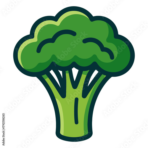 A cartoon broccoli with a green stem and green leaves. The broccoli is the main focus of the image. Vector.
