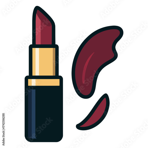 A red lipstick with a black cap and a red stain on the side. The lipstick is the main focus of the image. Vector.
