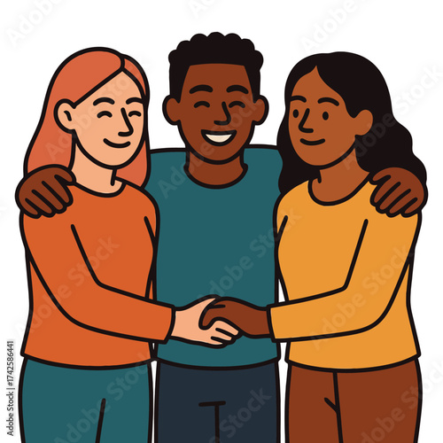 Three people hugging each other. The girl is wearing an orange shirt. The boy is wearing a blue shirt. Vector.