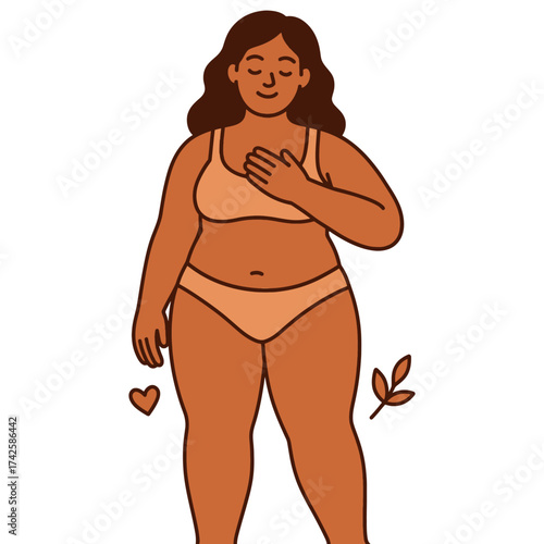 A woman in a bikini is holding her heart. Concept of love and care. Vector.