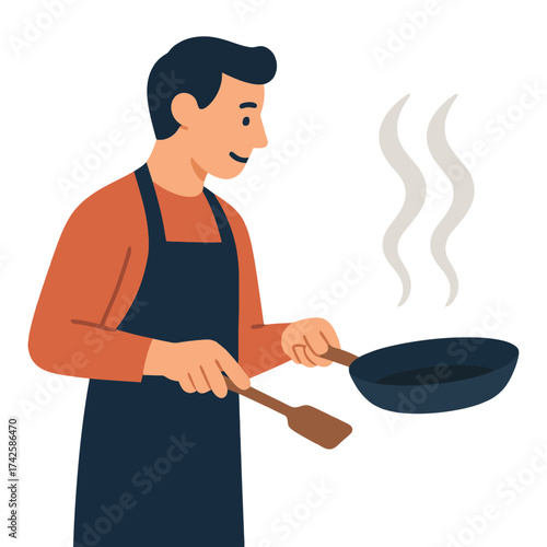 A man is cooking food in a pan with steam coming out of it. He is wearing an apron and holding a spatula. Vector.