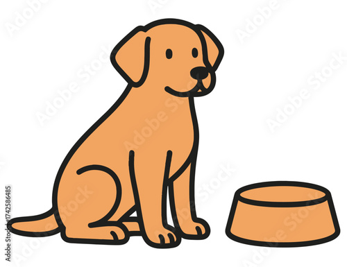 A cartoon dog is sitting in front of a bowl. The dog is smiling and looking at the camera. The bowl is orange and placed on the ground. Vector.