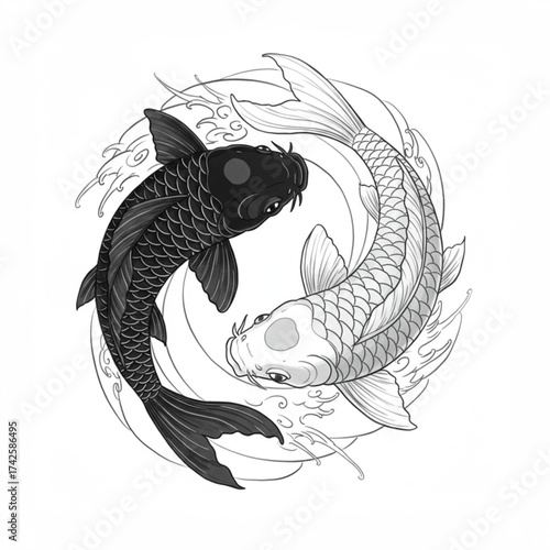 Black and white koi fish illustration in Yin Yang form with waves, perfect for tattoo, spiritual decor, apparel, website, brochure, flyer designs.