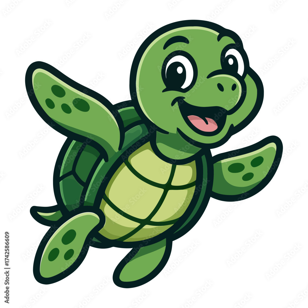 Fototapeta premium A cartoon turtle is smiling and jumping in the air. The turtle is green and has a happy expression. Vector.