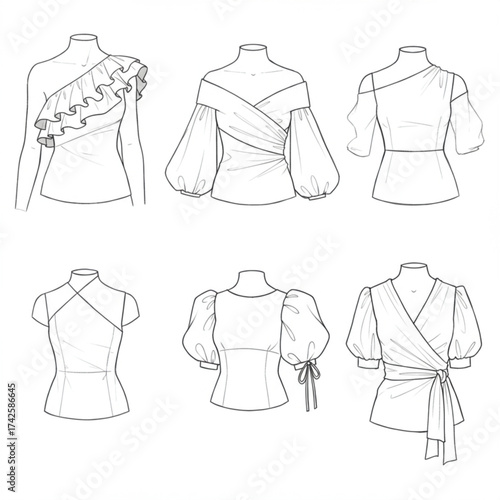 Women's blouse technical flats: ruffled one-shoulder, off-shoulder, puff sleeve, wrap styles. For fashion design, pattern making, clothing websites, a