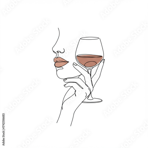 Chic minimalist line art of a woman's profile delicately holding a glass of rosé wine, ideal for modern design brochures, website branding, social med