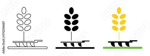Wheat and plow agriculture icon set in line, solid, and flat color styles for farming and harvest concept.