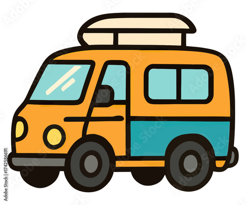 A cartoon drawing of a yellow van with a blue stripe. The van is parked on a white background. Vector.