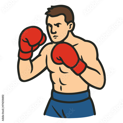 A man in a red boxing glove is in the middle of a boxing match. He is wearing a blue shirt and blue shorts. Vector.
