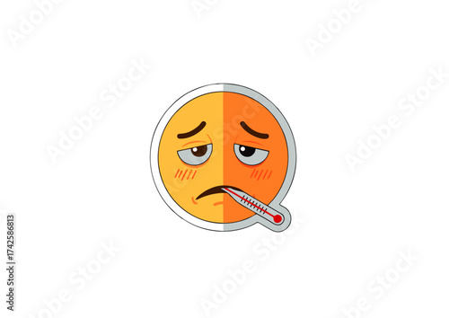 A vibrant cartoon illustration of a sick emoji with a thermometer, depicting fever, illness, and feeling unwell, isolated on a white background