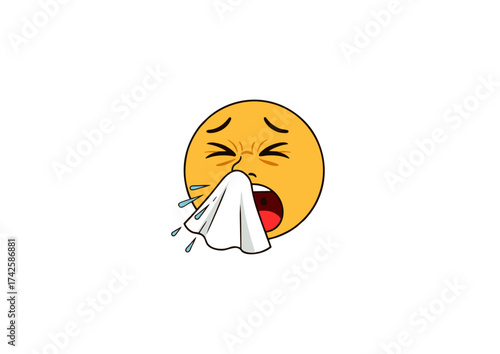 A yellow emoji face sneezing into a tissue, illustrating illness, allergies, or a cold. A cartoon character with a runny nose and flu symptoms on a white background