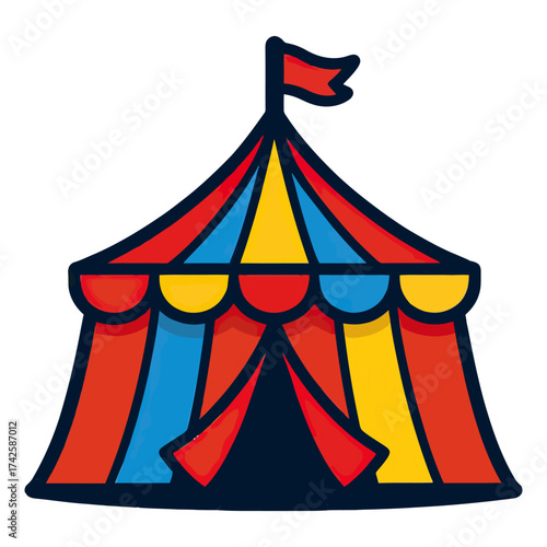 A colorful circus tent with a flag on top. The tent is blue, red, and yellow. Vector.
