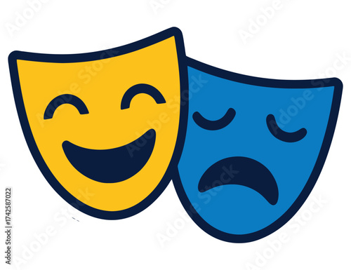 Two masks, one smiling and one frowning. The smiling mask is yellow and the frowning mask is blue. Vector.