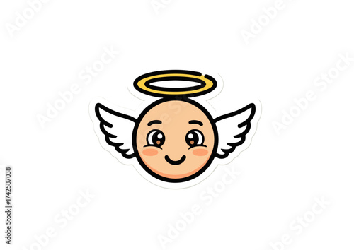 Cute cartoon angel emoji with wings and halo, representing innocence and purity