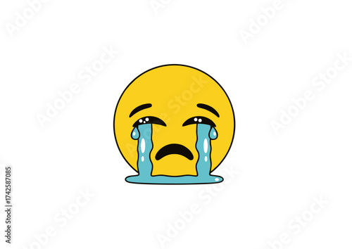 A vibrant yellow crying face emoji illustration with prominent blue tears, visually representing profound sadness, emotional pain, and distress in a clear, universally understood digital format