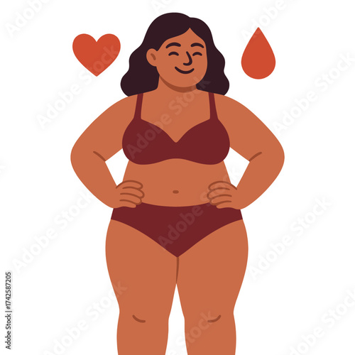 A woman in a red bikini is smiling and holding her arms up. The image is a cartoon of a woman in a bikini with a heart on her chest. Vector.