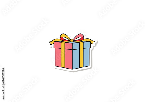 Colorful cartoon gift box sticker with a red bow and yellow ribbon. Isolated vector illustration of a present for a celebration, birthday, or holiday