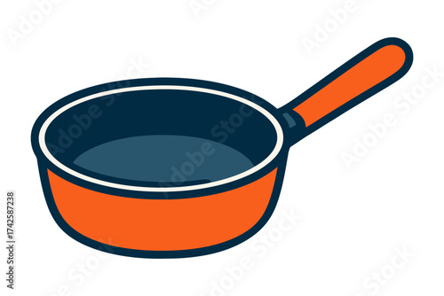 A cartoonish orange pan with a blue handle sits on a white background. The pan is empty and has a blue rim. Vector.